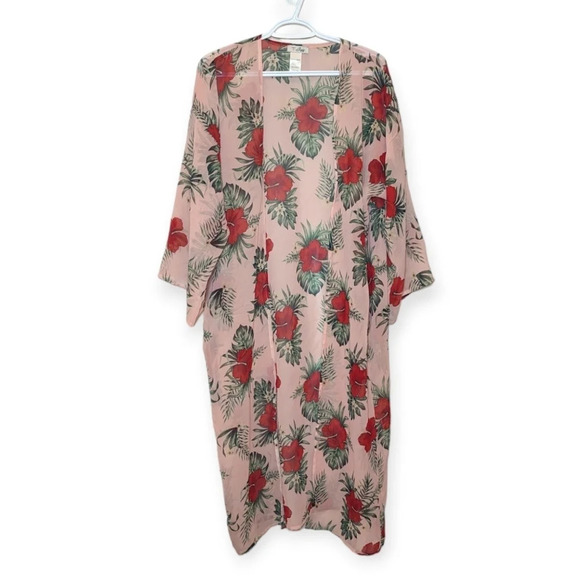 Guess OS Hibiscus  Floral Pink & Red Sheer Long Kimono - One Size Cover Up - Picture 1 of 5